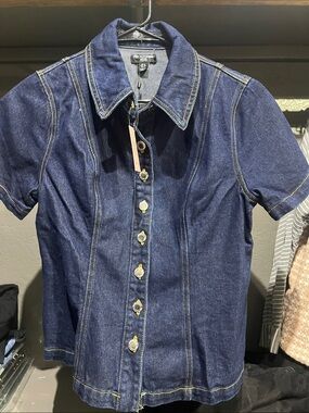 PrettyLittleThing Dark Blue Denim Short-Sleeve Button-Up Shirt